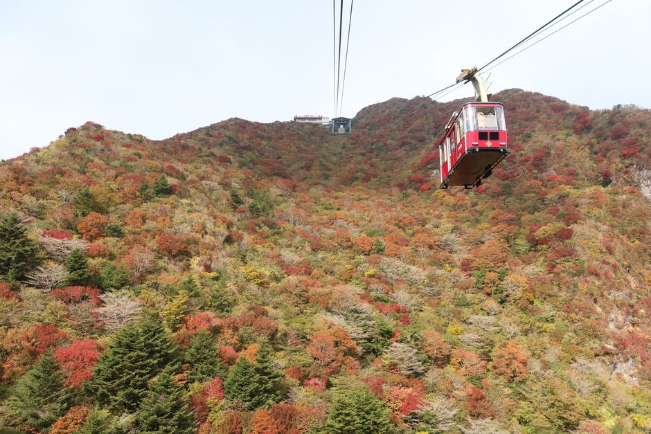 Stunning view of Unzen Ropeway amidst colorful autumn foliage in Nagasaki, Japan.