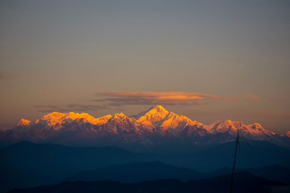 Kanchenjunga's peaks lit orange at sunrise above dark blue ridges, seen from Rishop in the Kalimpong hills