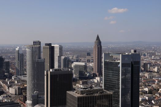 Stunning aerial view of the Frankfurt am Main skyline showcasing modern skyscrapers.