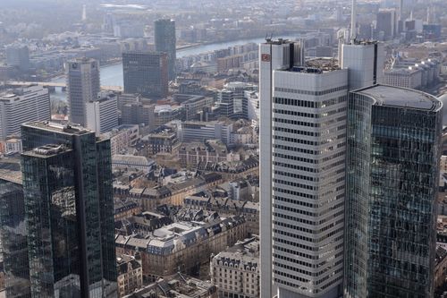 Free Stunning aerial view of the skyscrapers in downtown Frankfurt, Germany, showcasing modern architecture. Stock Photo