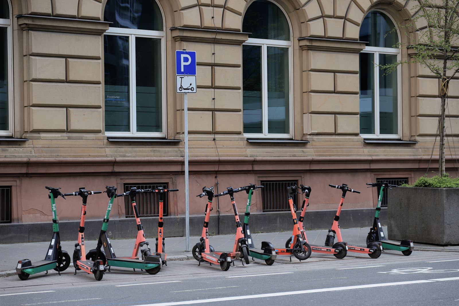 A row of shared electric scooters parked along a city street, ready for fleet rental riders