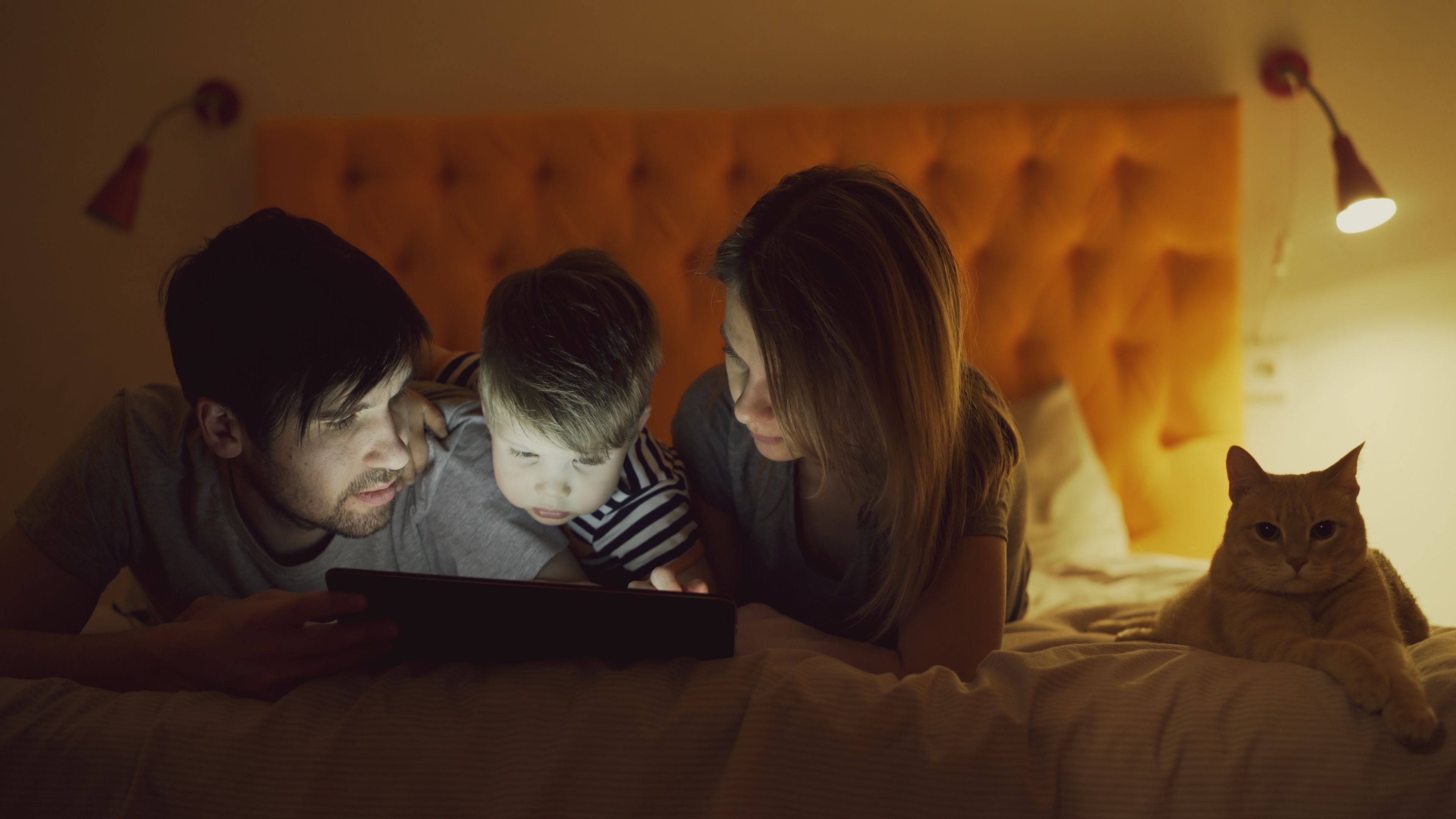 Family enjoying tablet together at night with their pet cat in a cozy bedroom setting.