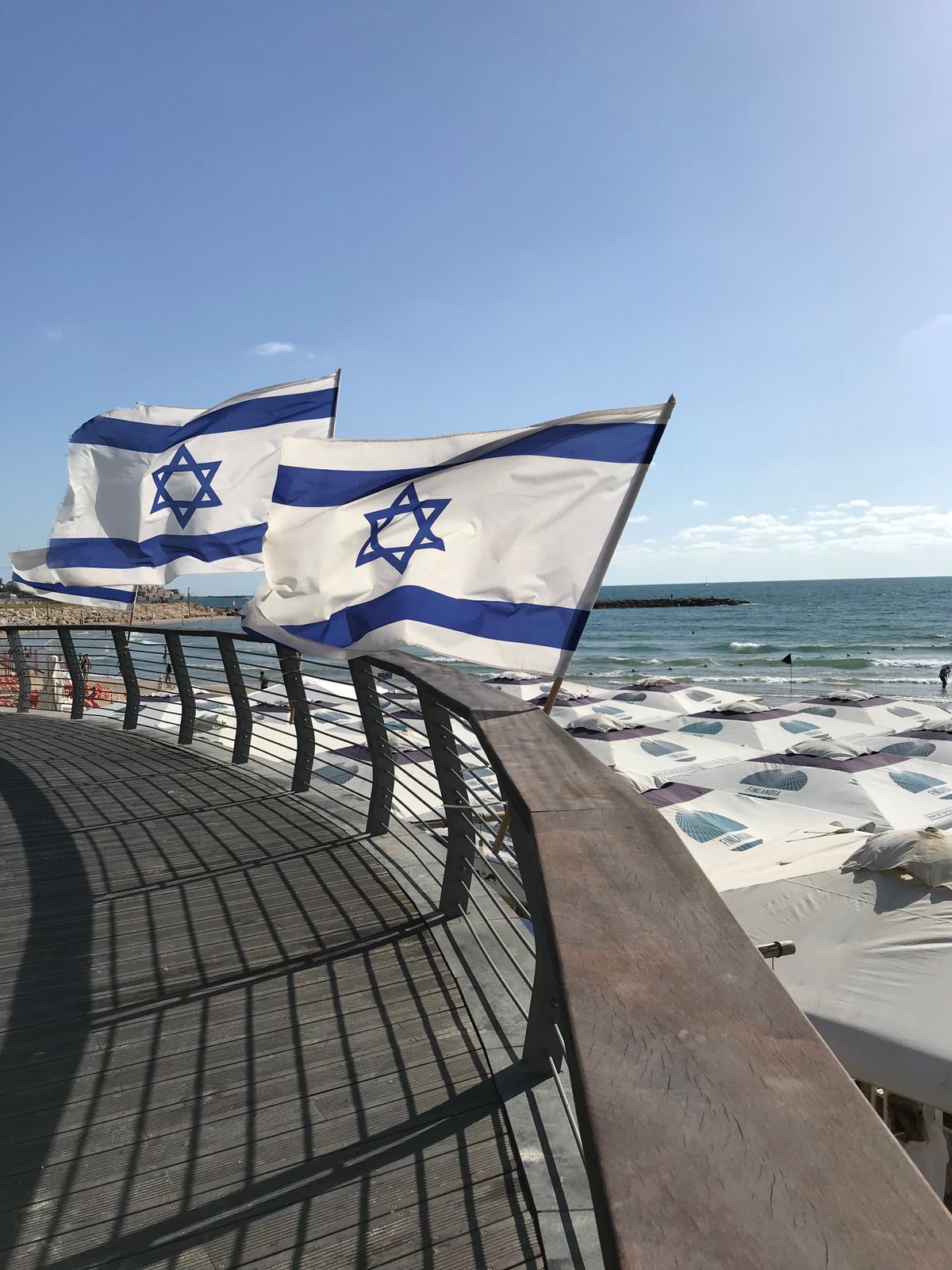 Drapeaux israéliens sur le front de mer de Tel-Aviv.