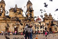 A lively scene with pigeons and people in Plaza Bolívar, Bogotá, Colombia.