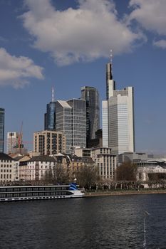 Stunning view of Frankfurt's modern skyline along the river Main, highlighting skyscrapers and urban architecture.