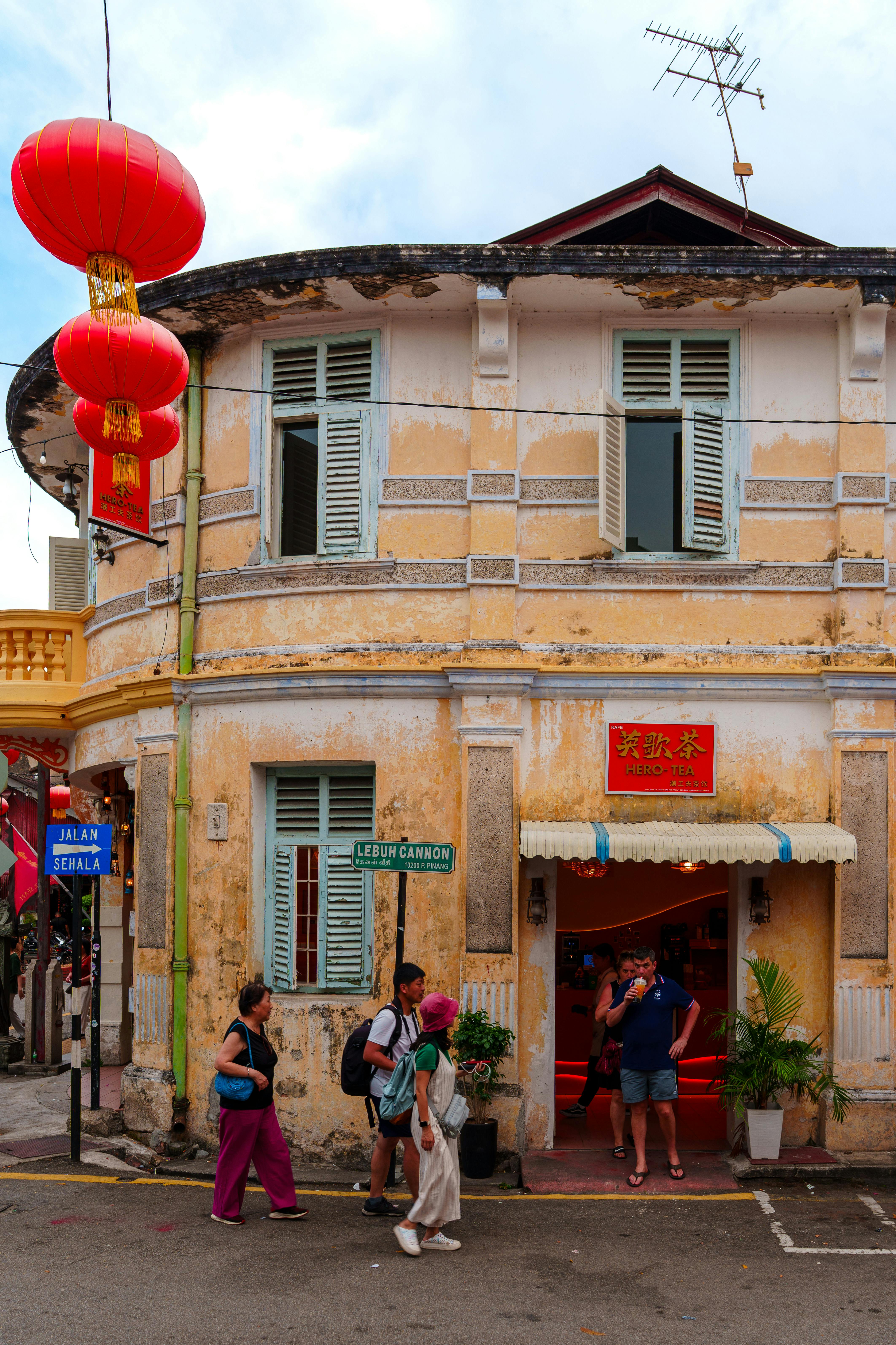 Colourful heritage shophouses along a street in George Town Penang UNESCO World Heritage Site