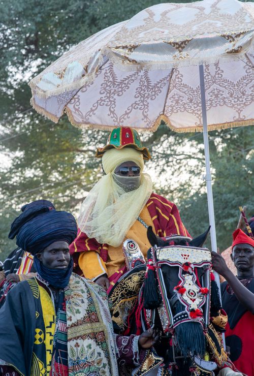 Free Cultural festival with traditional outfits, horses, and ceremonial umbrellas showcasing African heritage. Stock Photo