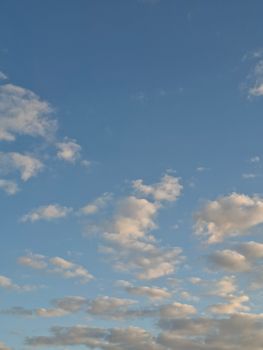 A serene view of the blue sky filled with scattered fluffy clouds on a clear day.