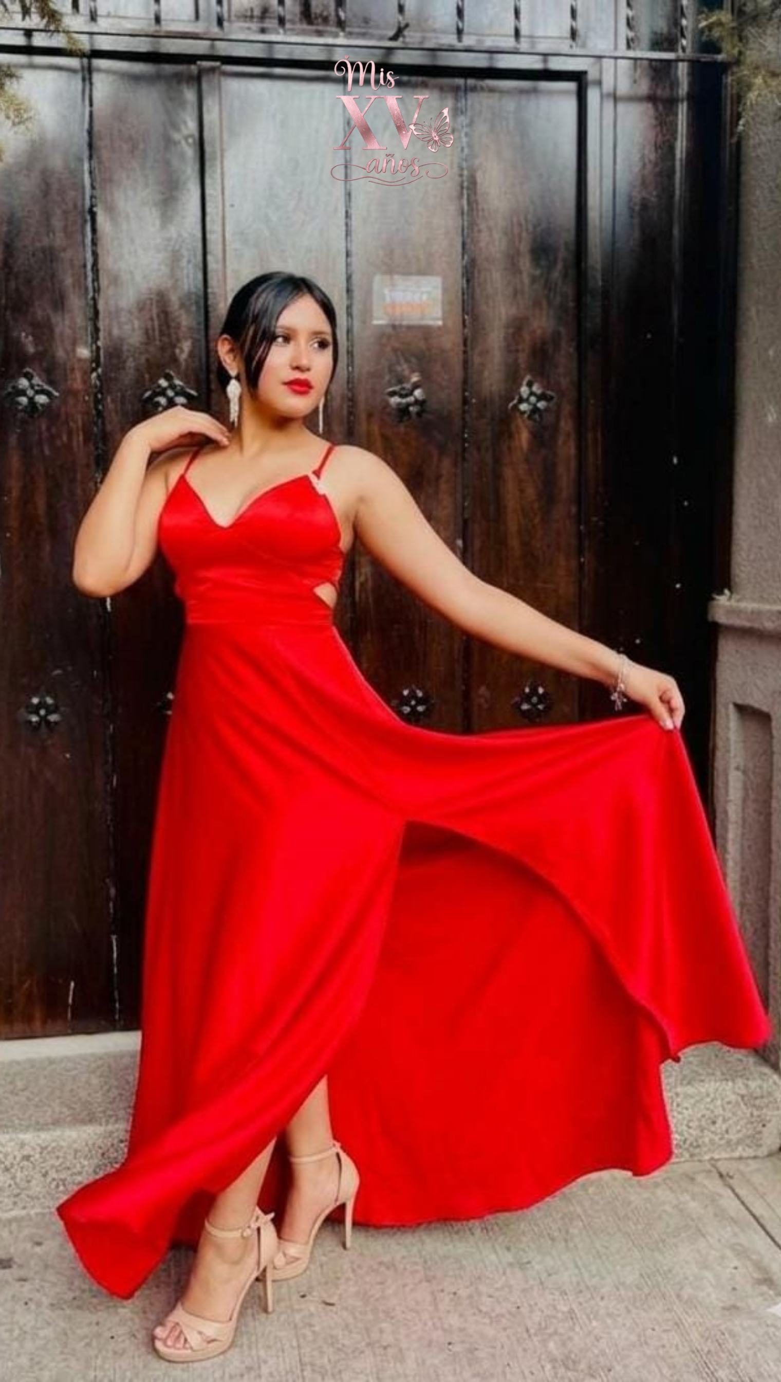 Elegant Woman in Red Dress by Wooden Door · Free Stock Photo