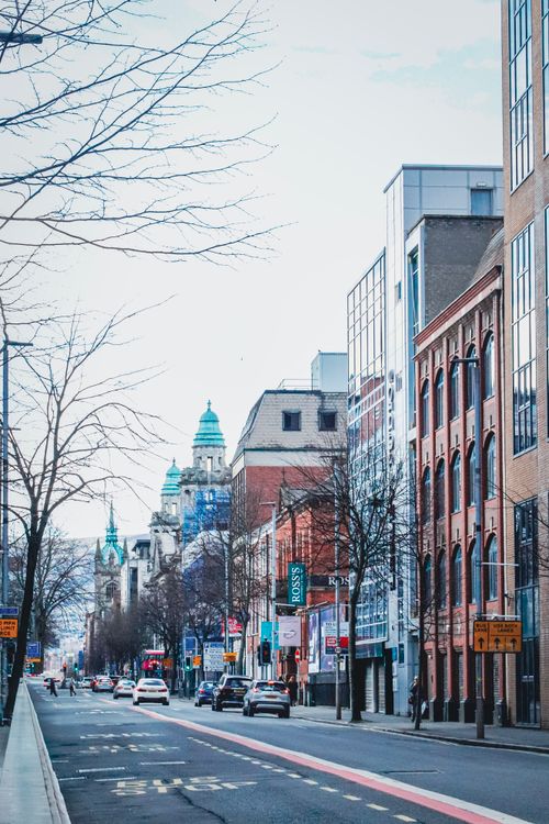 Free Scenic view of Belfast city street with historical architecture and modern buildings. Stock Photo
