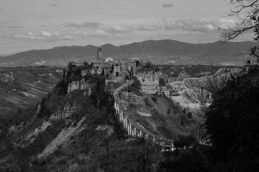 Scenic view of the ancient town Civita di Bagnoregio perched on a cliff in Lazio, Italy.