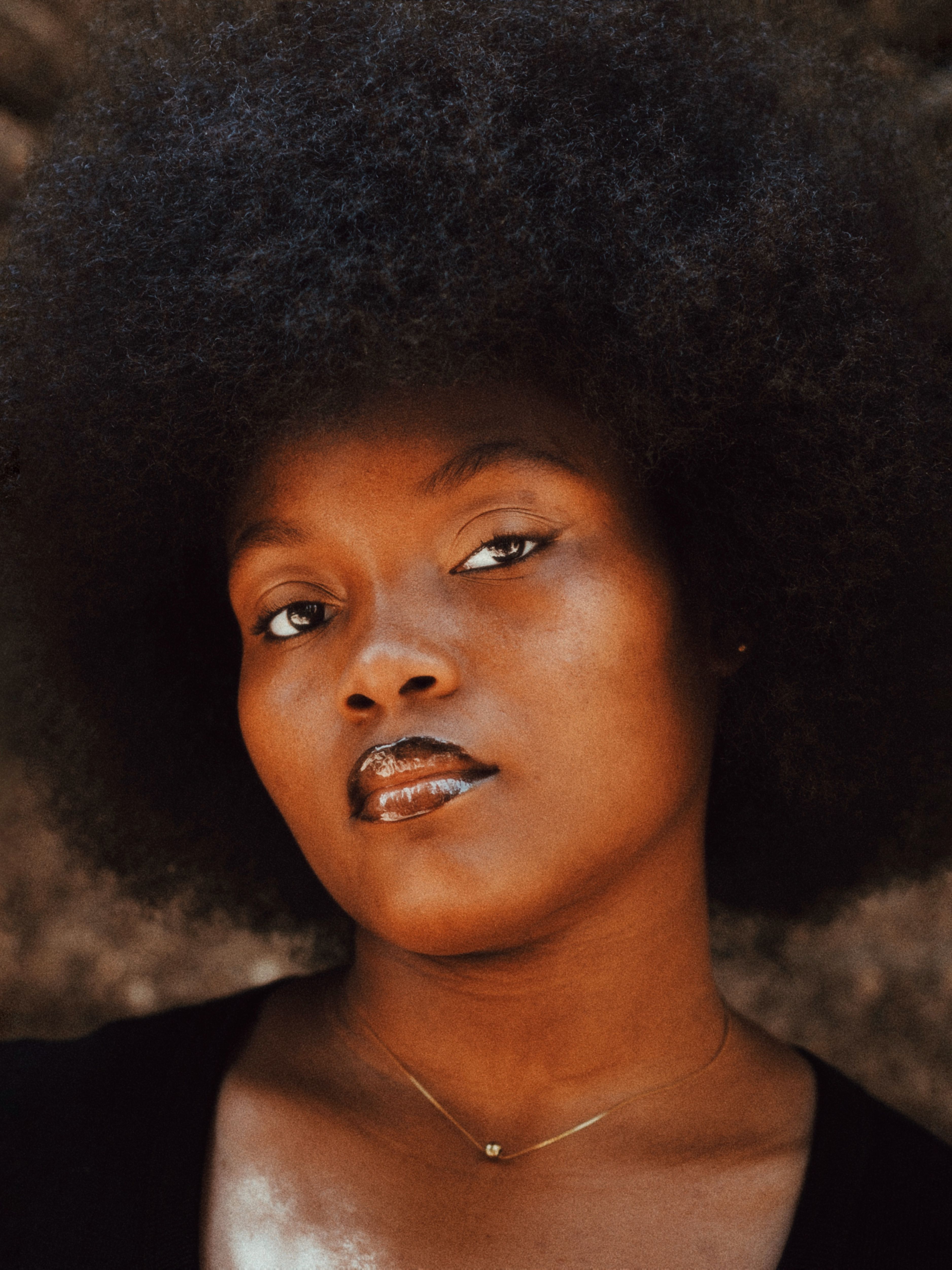 Elegant portrait of an African woman with natural afro hairstyle and glossy lips.