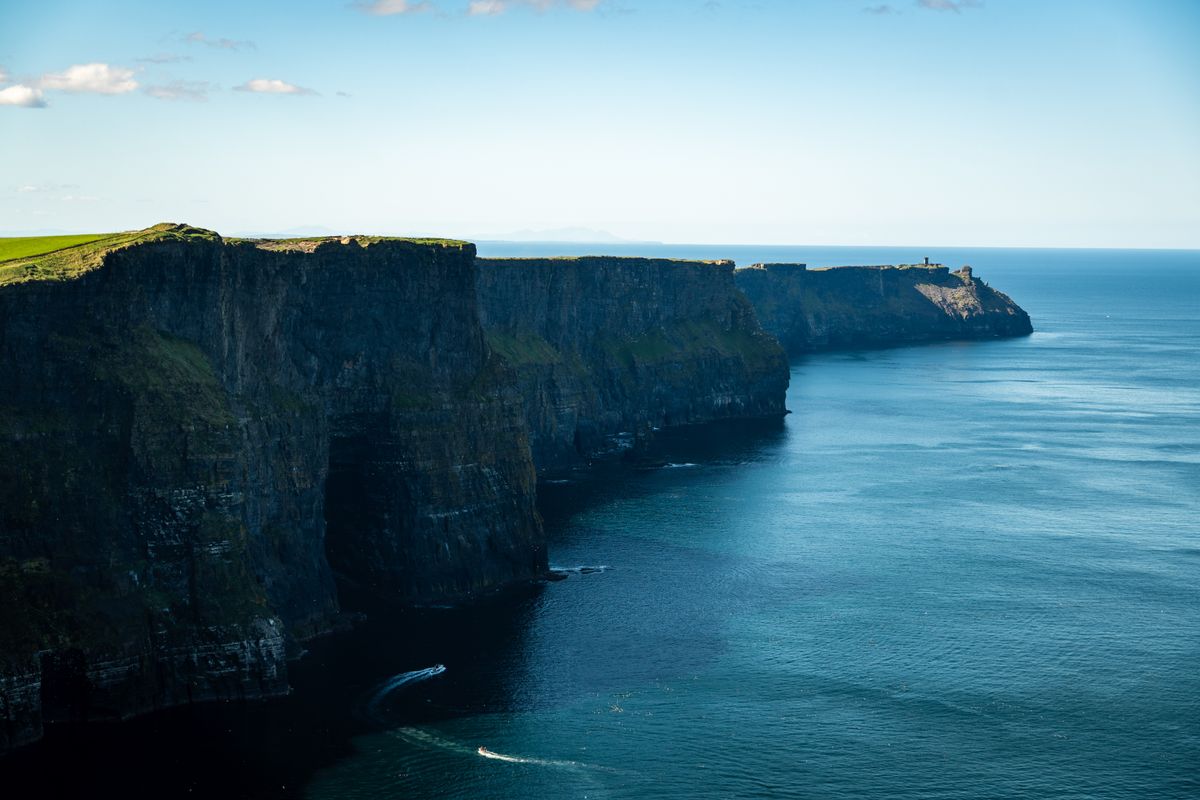 Dramatic cliffs meeting the Atlantic Ocean with waves crashing against the base
