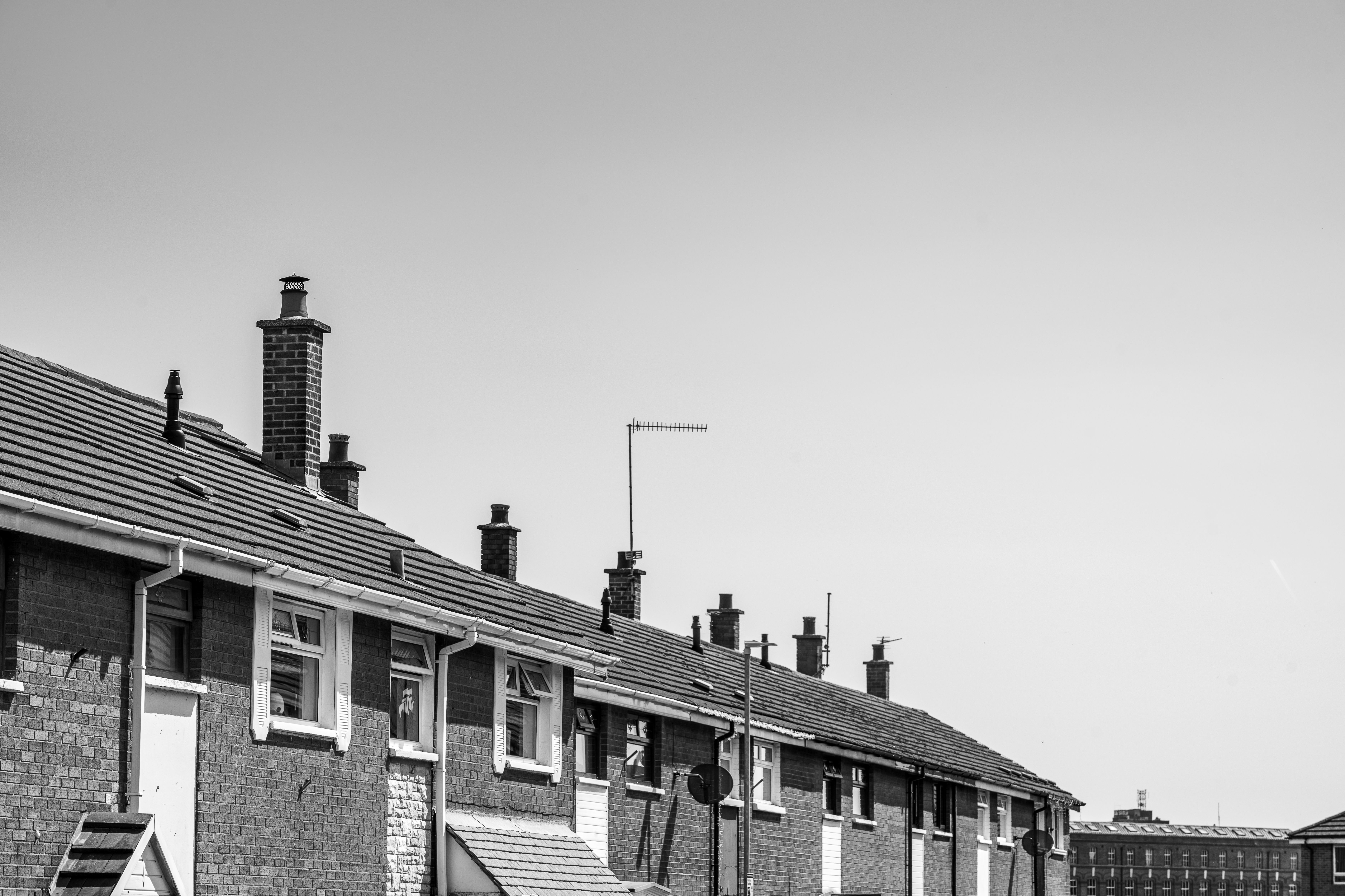 Rooftops of suburban houses along a street