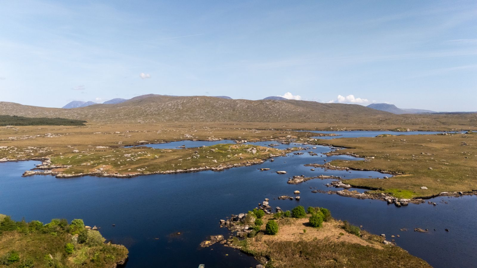 Aerial view of lakes and hills in Connemara