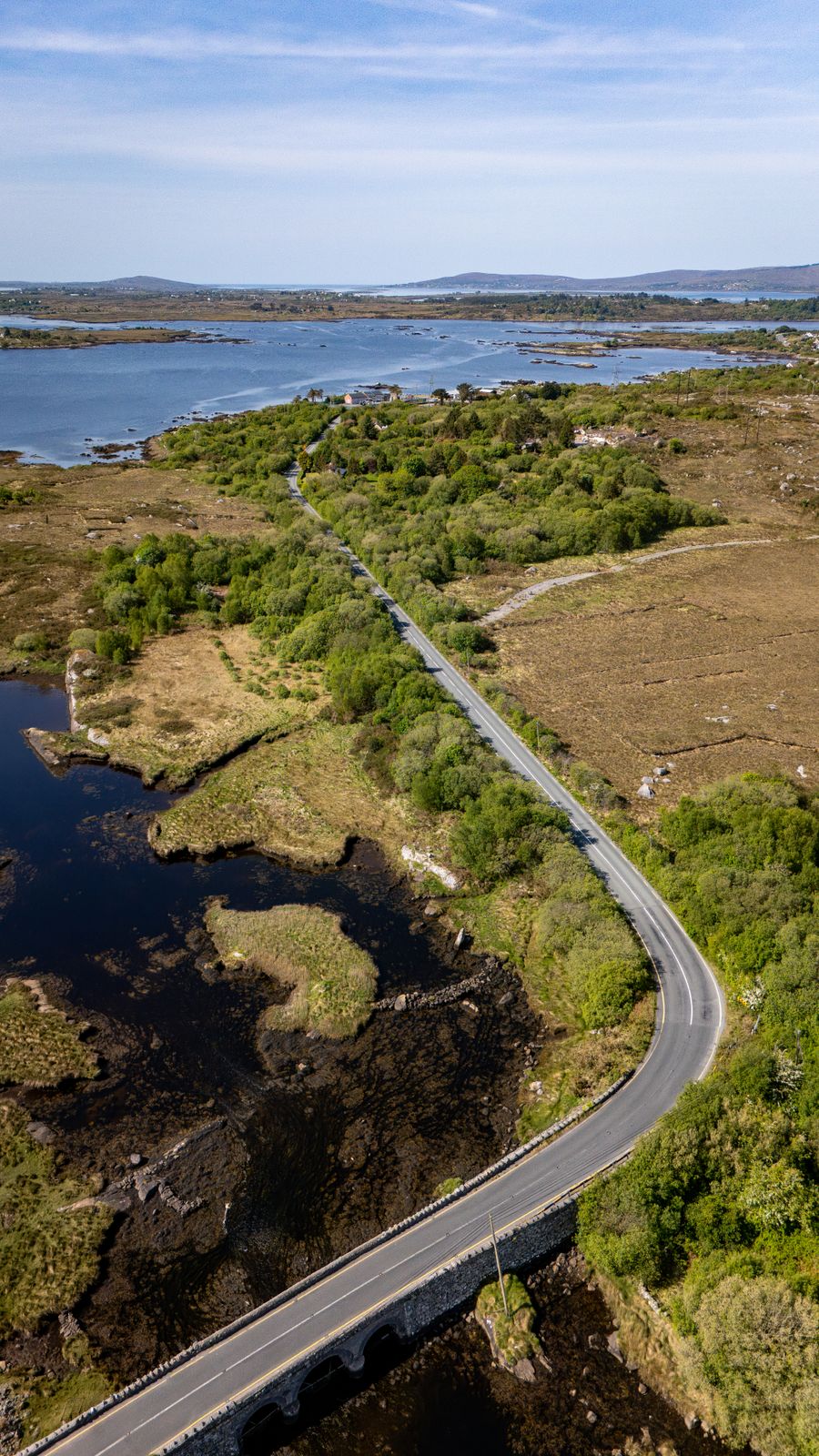 Aerial view of a winding road through rural Ireland