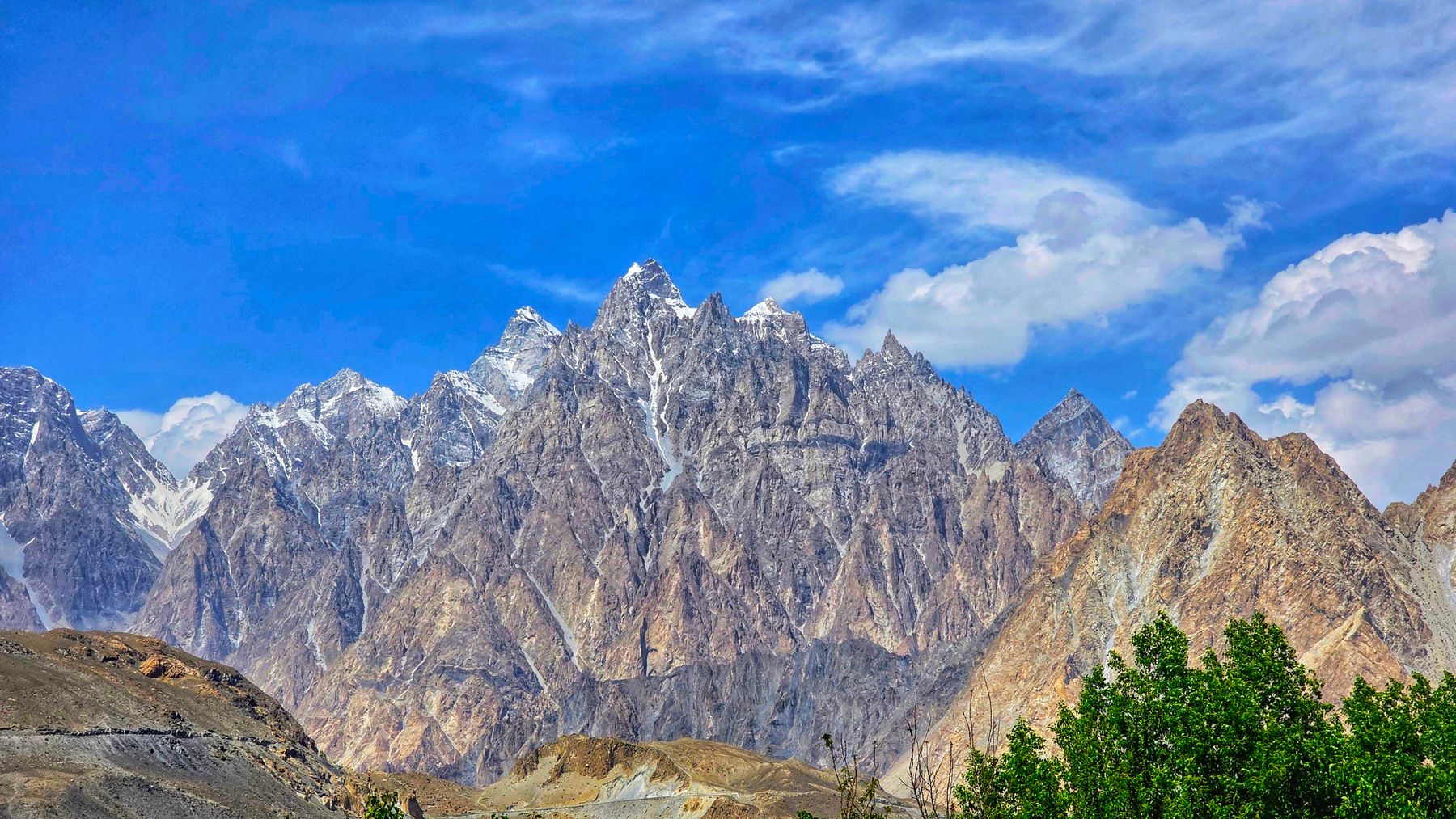 Stunning view of Passu Cones in Hunza Nagar, showcasing rugged peaks under a clear blue sky.