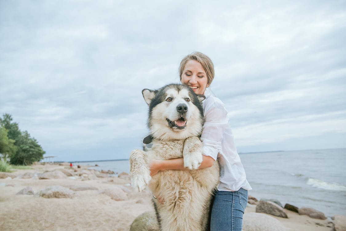 Woman Hugging Her Siberian Husky