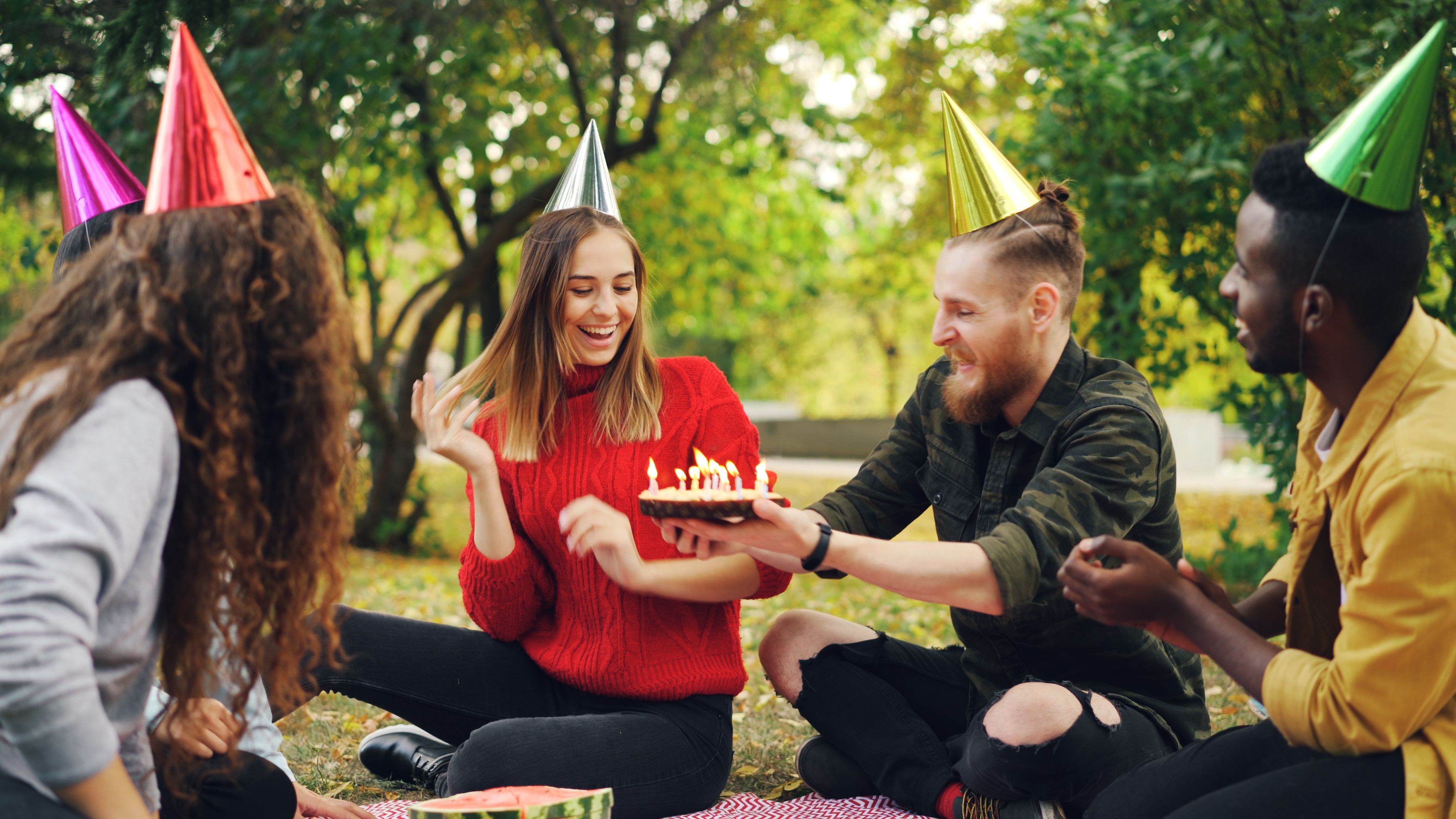 Birthday captions for best friend illustration with happy teens celebrating, vibrant colors, perfect for Instagram posts