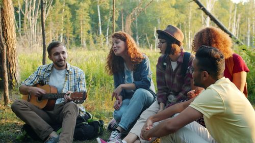 Free A group of friends enjoying a relaxing day outdoors, playing guitar. Stock Photo