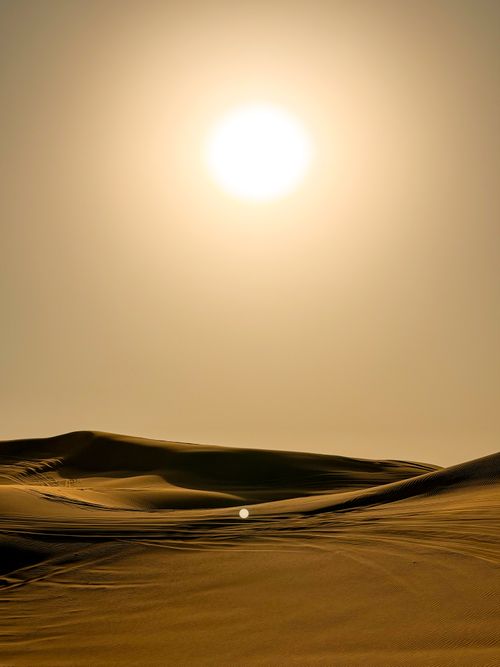 Free Capture the serene beauty of Dubai's desert dunes at sunset with a glowing sun setting over the sandscape. Stock Photo