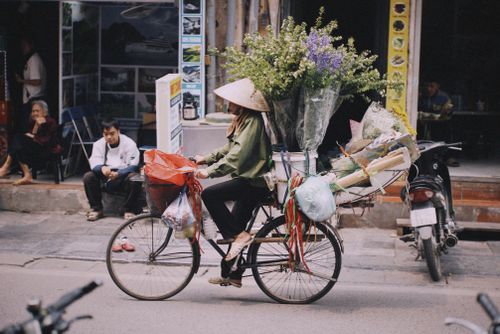 Free Asian woman on bicycle carrying flowers, wearing traditional hat, city street. Stock Photo