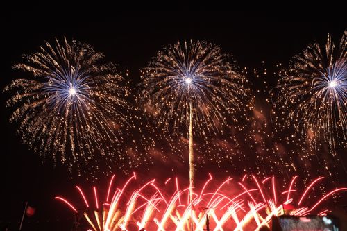 Free Colorful fireworks light up the night sky in a vibrant celebration. Stock Photo