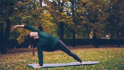 Extended Side Angle — outdoor yoga pose in an autumn park. Photo by Vitaly Gariev on Pexels
