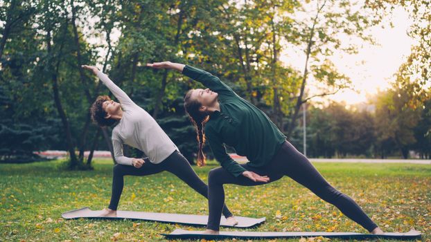 Two women practicing yoga outdoors in a tranquil park during sunset.