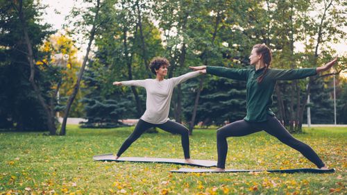 Free Two women practicing yoga outdoors on mats in a park during fall. Stock Photo