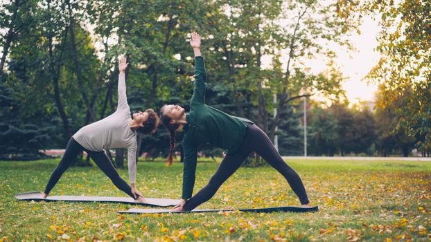 Two women performing yoga poses on mats in a green park during autumn.