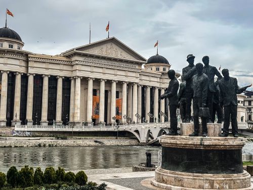 Free View of the Archaeological Museum and historic statues in Skopje, North Macedonia. Stock Photo