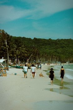 Tropical beach scene in Vietnam with people enjoying the sand and sea under a clear sky.