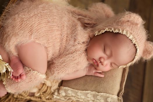 Adorable newborn baby peacefully sleeping in a fuzzy bear costume, showcasing innocence and tranquility.