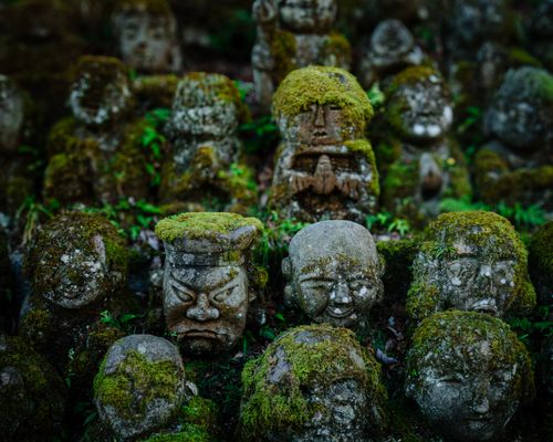 Free A serene scene of moss-covered Jizo statues in Kyoto's historic district. Stock Photo