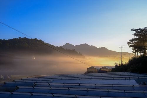 Free Serene sunrise over greenhouses in Dalat, Vietnam, with misty mountains in the background. Stock Photo