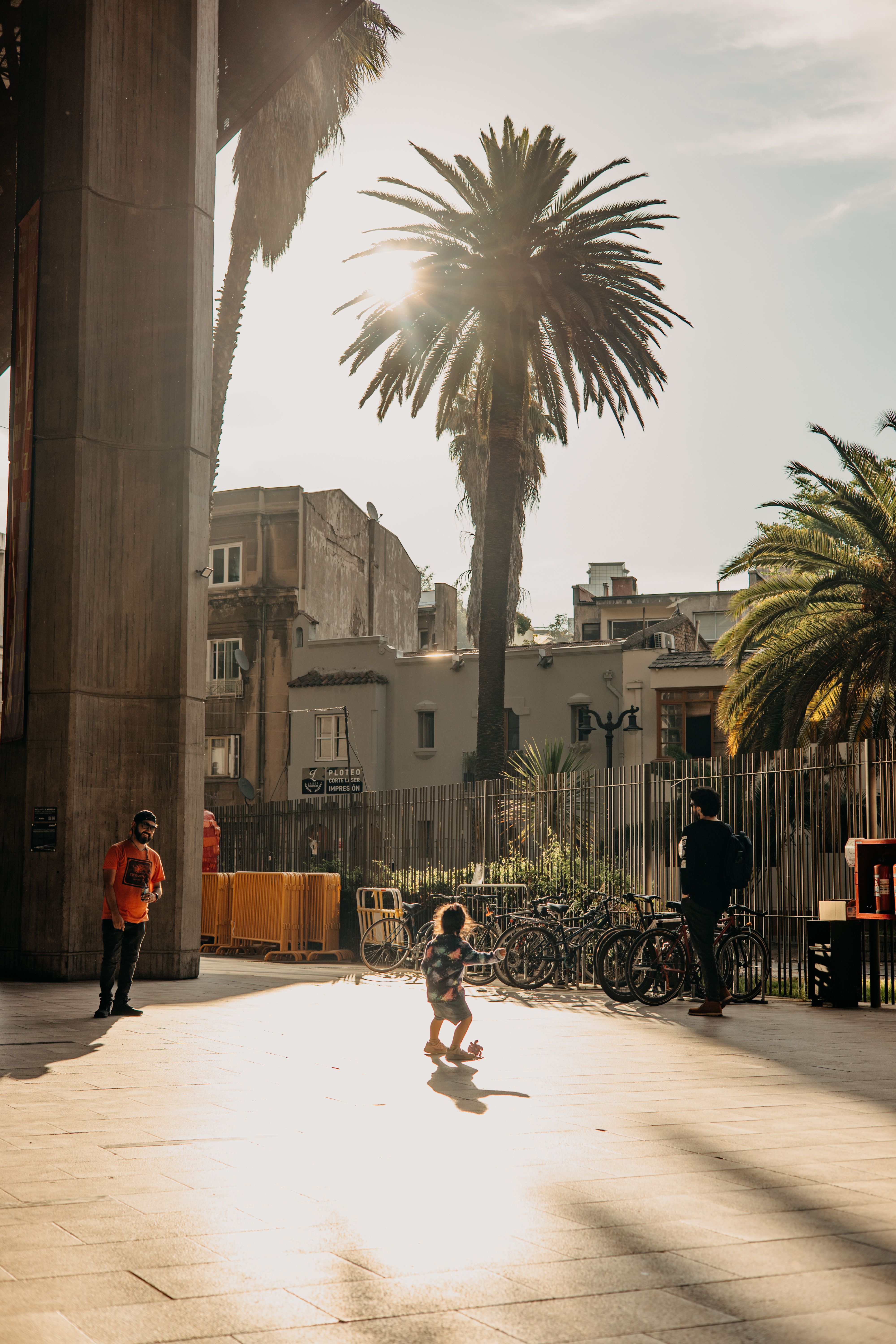 People enjoying a sunny day in Santiago, Chile with palm trees and urban backdrop.