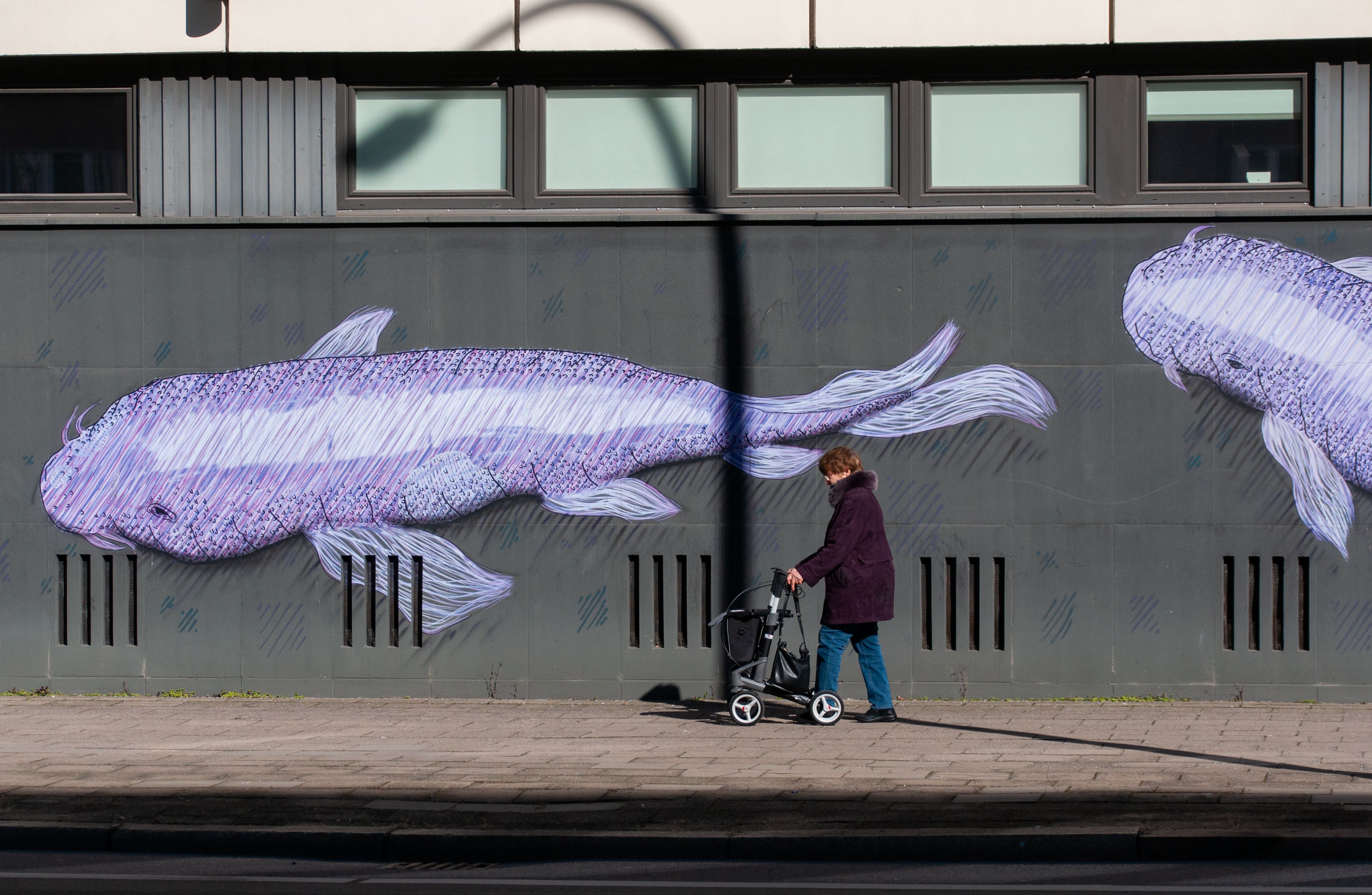 Woman Walking by Urban Graffiti of Fish · Free Stock Photo