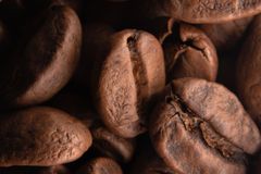 Detailed shot of roasted coffee beans, highlighting their texture and rich color.