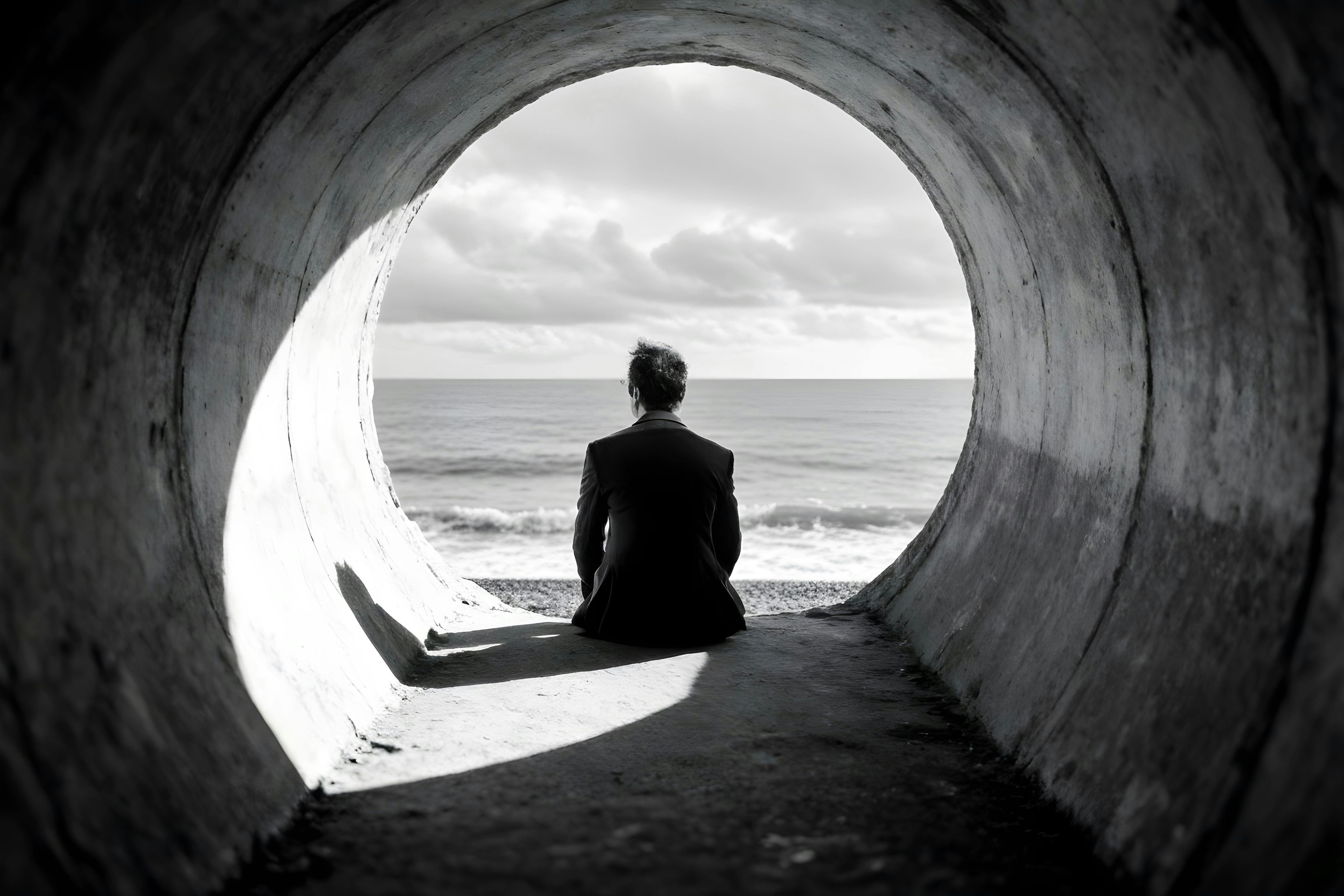 A lone person in a tunnel gazes at the ocean, evoking solitude.