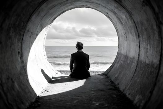 A lone person in a tunnel gazes at the ocean, evoking solitude.