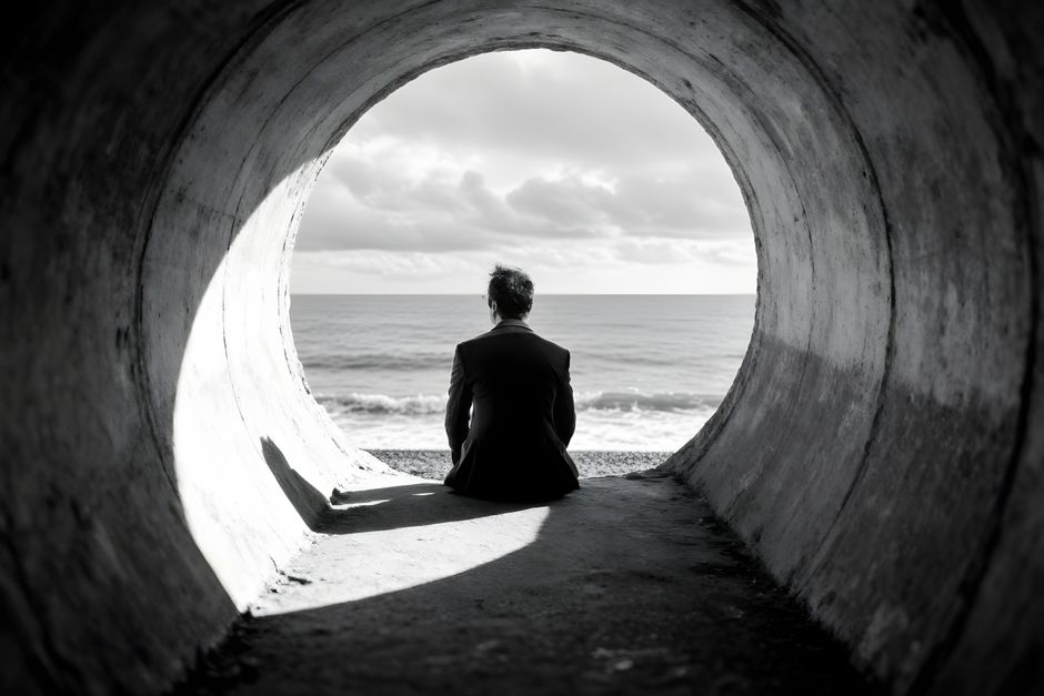 A lone person in a tunnel gazes at the ocean, evoking solitude.