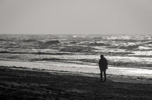 Free Silhouette of a person walking along a serene beach at sunset, reflecting solitude. Stock Photo