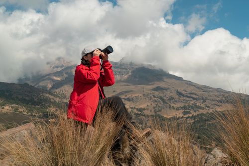 Free Woman in red coat photographing scenic mountain landscape. Stock Photo