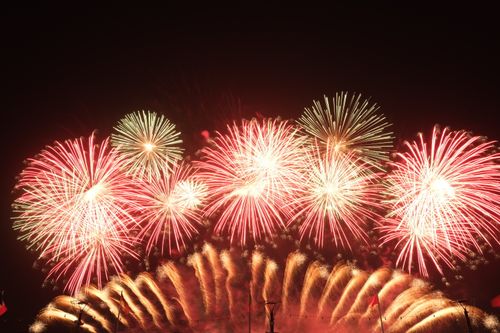 Free Vibrant fireworks exploding in a dazzling display against a clear night sky, perfect for celebrations and holidays. Stock Photo
