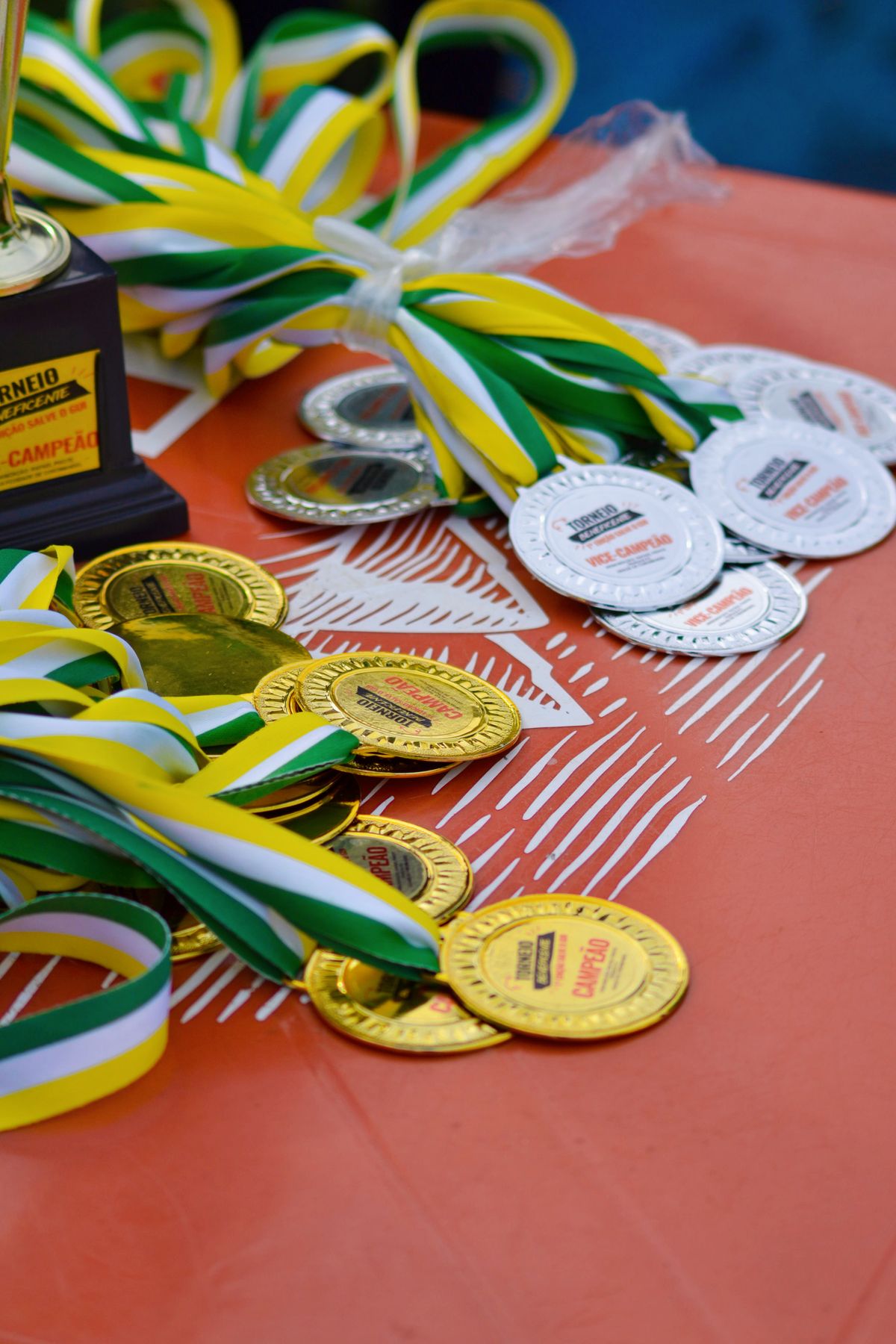 Young women karate medalists on the victory podium