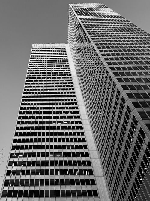 Free Black and white photo of tall skyscrapers in downtown Montreal, emphasizing modern architecture. Stock Photo
