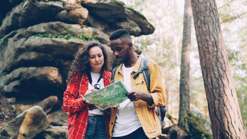 Free Young couple hiking and reading a map in a lush forest setting. Stock Photo