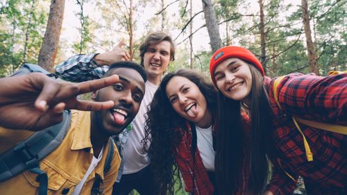 Free Group of four friends laughing and posing in a forest setting, enjoying an outdoor adventure. Stock Photo