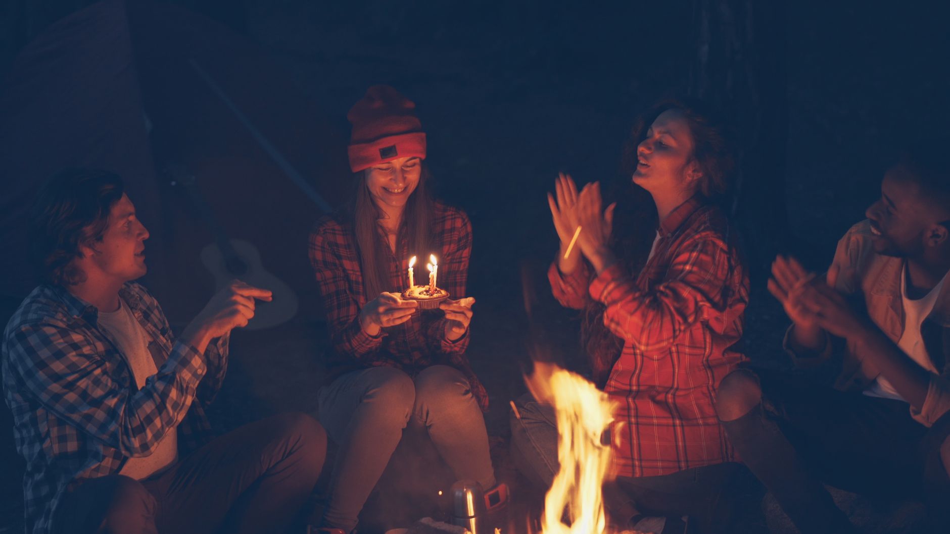 Slice of campfire cake with flames candy